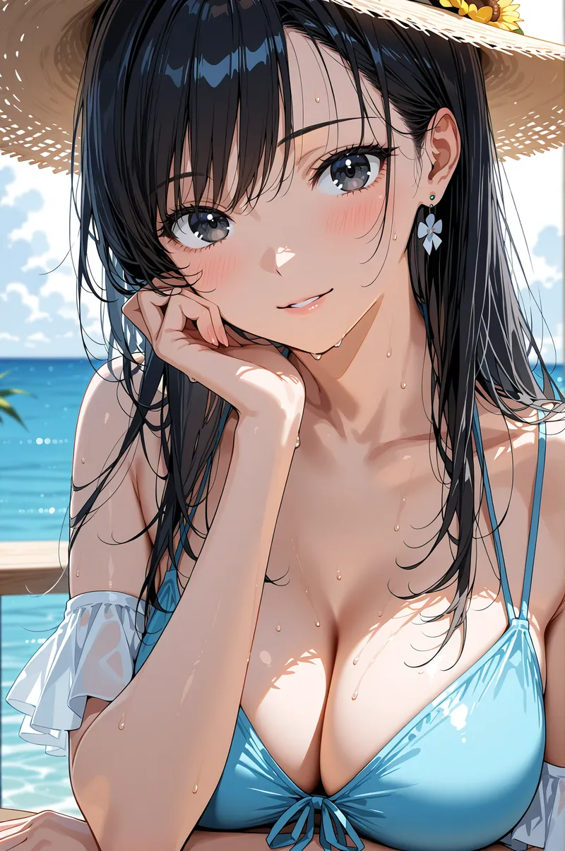 青い海を背景に、黒髪の美少女がほほえみながら顔に手をそえるポートレートです。爽やかなブルーのビキニと白いシャツのリゾートファッション、大きな瞳と優しい表情が夏の雰囲気を引き出しています。