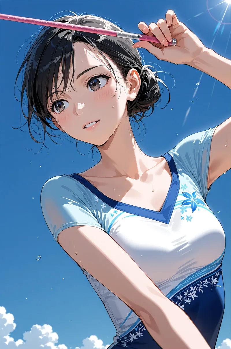 澄み渡る青空を背景に、黒髪をまとめた清楚なアニメ調の少女が爽やかな笑顔を浮かべています。白と紺色の涼しげな衣装に雪の結晶模様が描かれ、ピンク色の筆を持つ仕草が印象的です。
