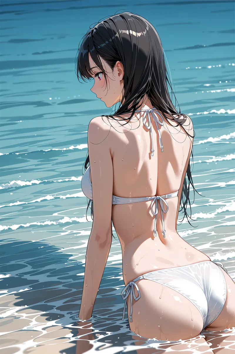 透き通る海を背景に、黒髪ロングヘアの少女が波打ち際に立つ夏の風景。白いビキニ姿で海水に濡れた肌が光の中で輝き、爽やかな海風が髪をなびかせる瞬間を捉えたアニメ調イラストです。