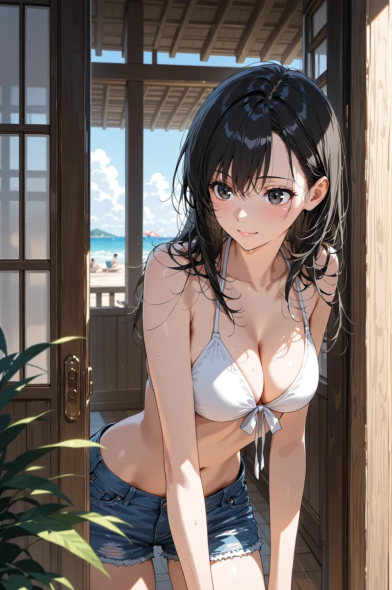 開放的なリゾートホテルの窓辺で、優しい表情で微笑む黒髪のアニメ調少女のポートレート。後ろに映る青い海と白い砂浜、木製の建築と自然光が織りなす爽やかな夏の雰囲気です。