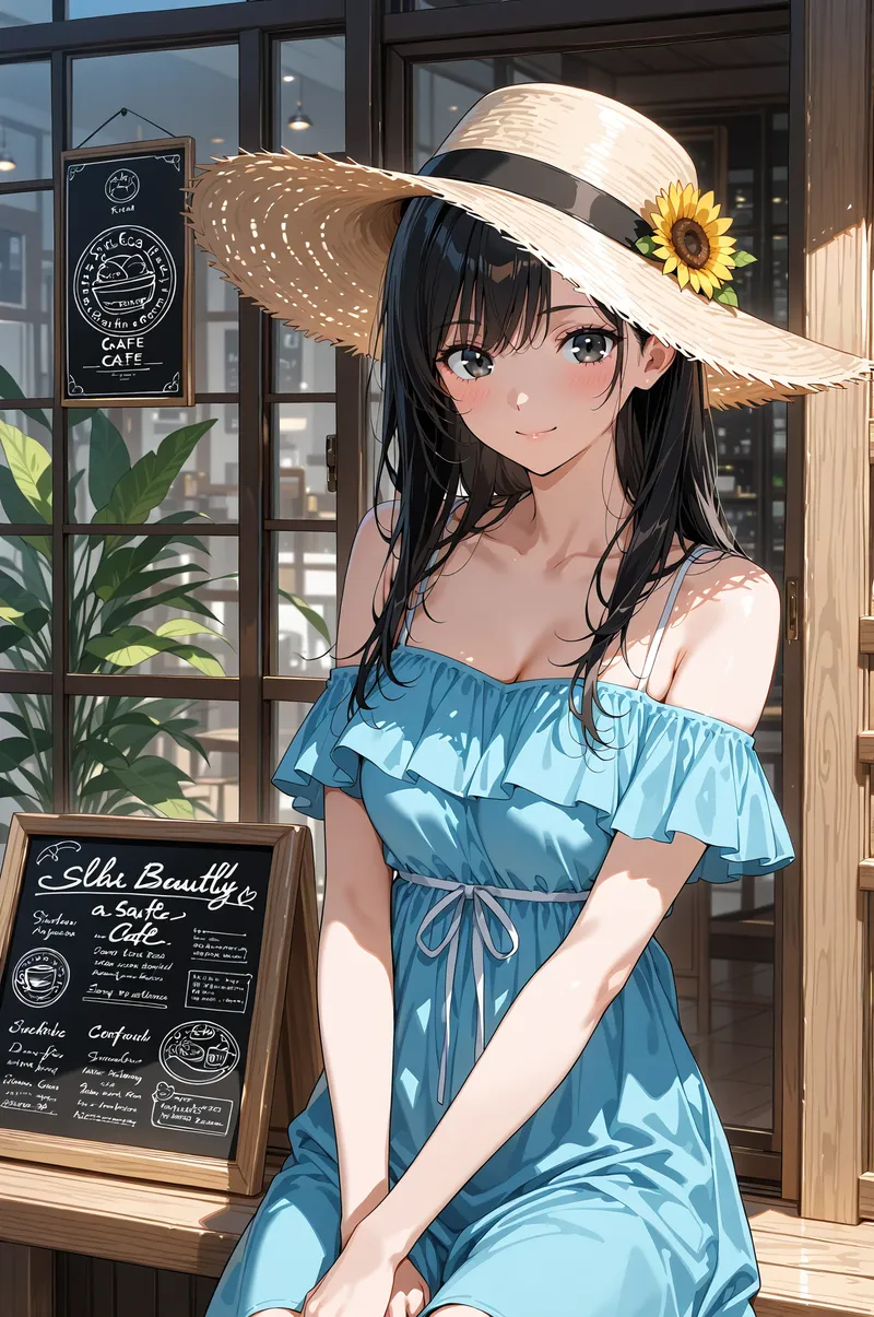 黒髪にひまわりを飾った麦わら帽子、爽やかな水色のオフショルダードレスで微笑む美少女のアニメ調イラスト。カフェの前で陽光溢れる夏の装いが印象的です。