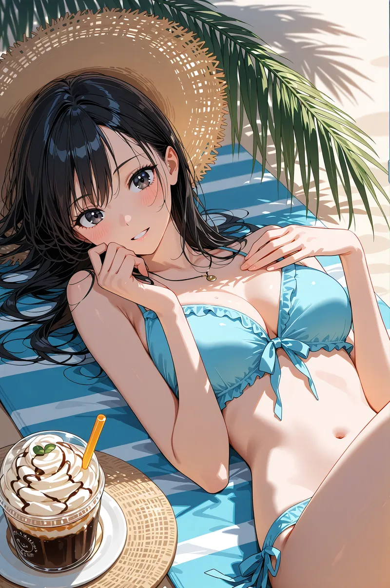 青いビーチウェアと麦わら帽子をかぶった黒髪の少女が、爽やかな笑みとともにアイスコーヒーを片手に佇む夏のポートレート。パームシャドウが映る背景に、誕生日のお祝いムードが漂う一枚です。