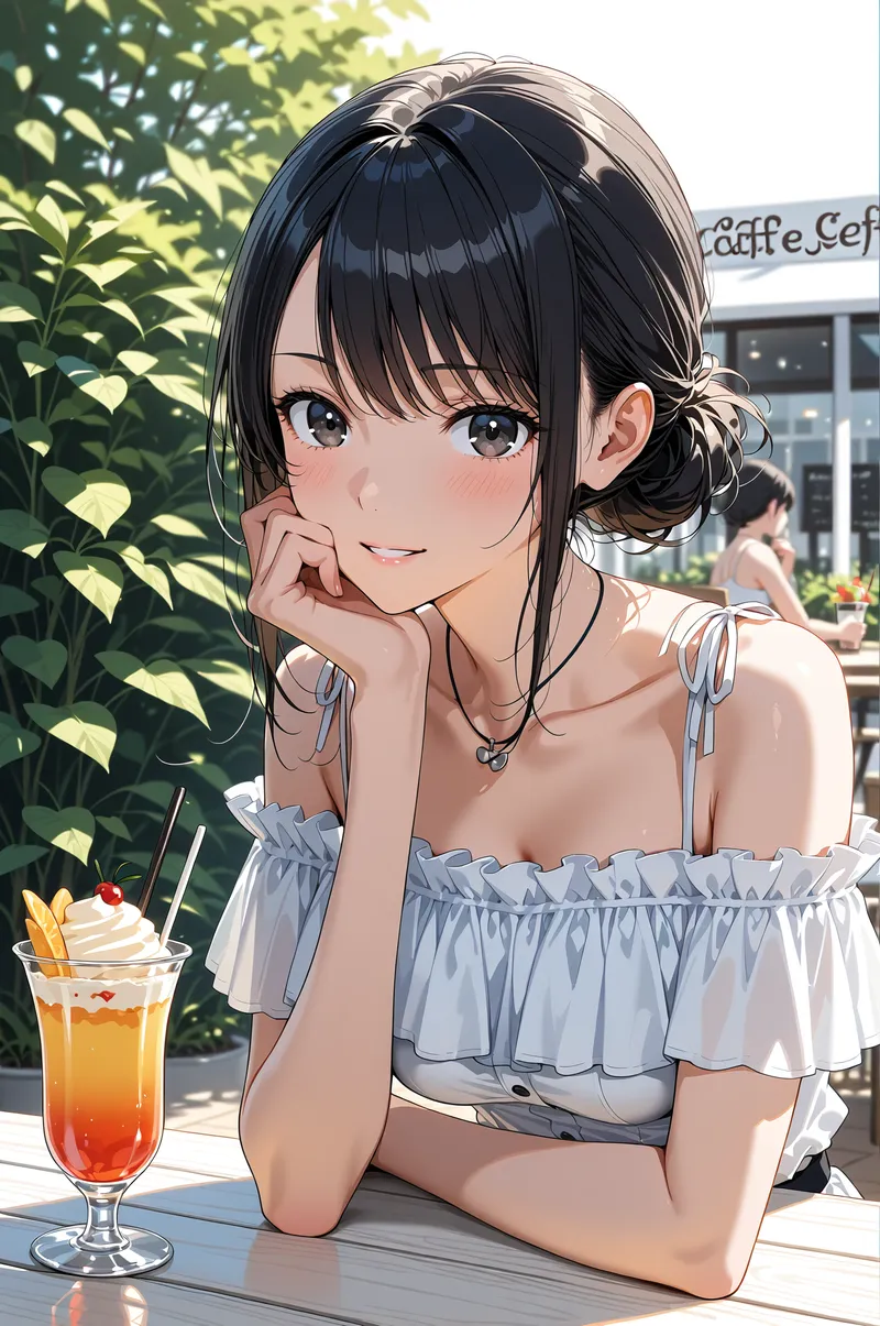 日差し降り注ぐカフェテラスで、黒髪をまとめた少女がオレンジ色のカクテルを前に微笑む。爽やかな白いオフショルダーの服と、緑の植物に囲まれた夏らしい雰囲気が心地よいイラストです。