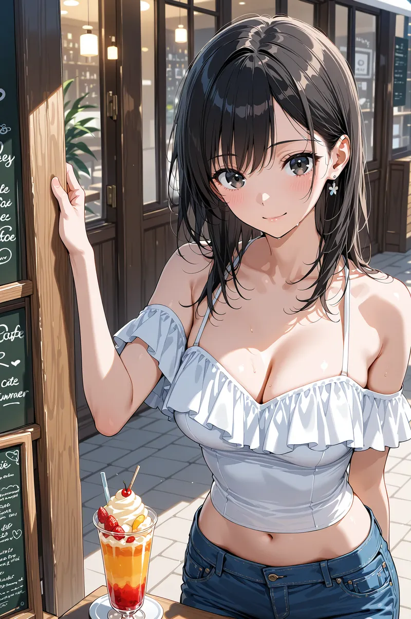 爽やかなカフェテラスで、黒髪ショートヘアの少女がフローズンドリンクを前に優しく微笑んでいます。オフショルダーの爽やかな衣装と、奥行きのある背景が素敵なアニメ調イラストです。