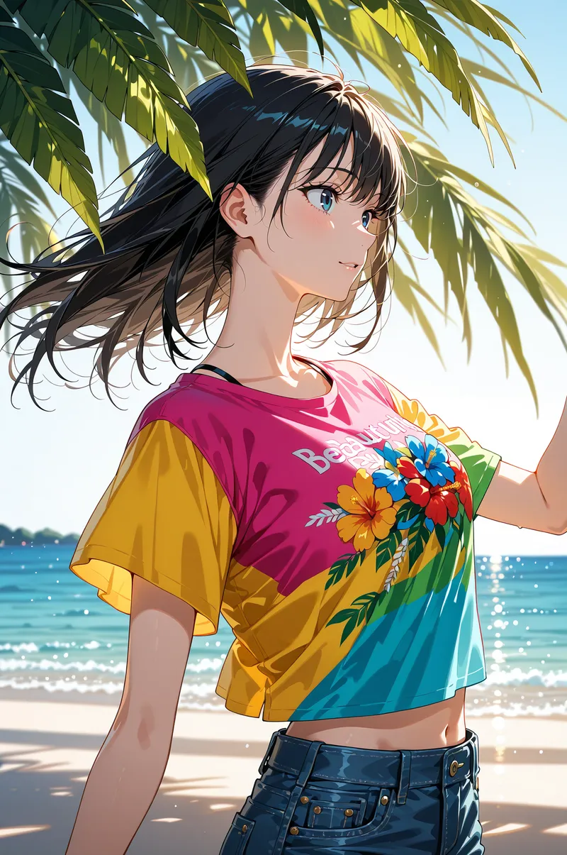 柳の枝が揺れる海辺で、虹色のフローラル柄Tシャツを着た黒髪の少女が爽やかに微笑んでいます。晴れた空と青い海が背景の、明るく開放的なアニメ調イラストです。