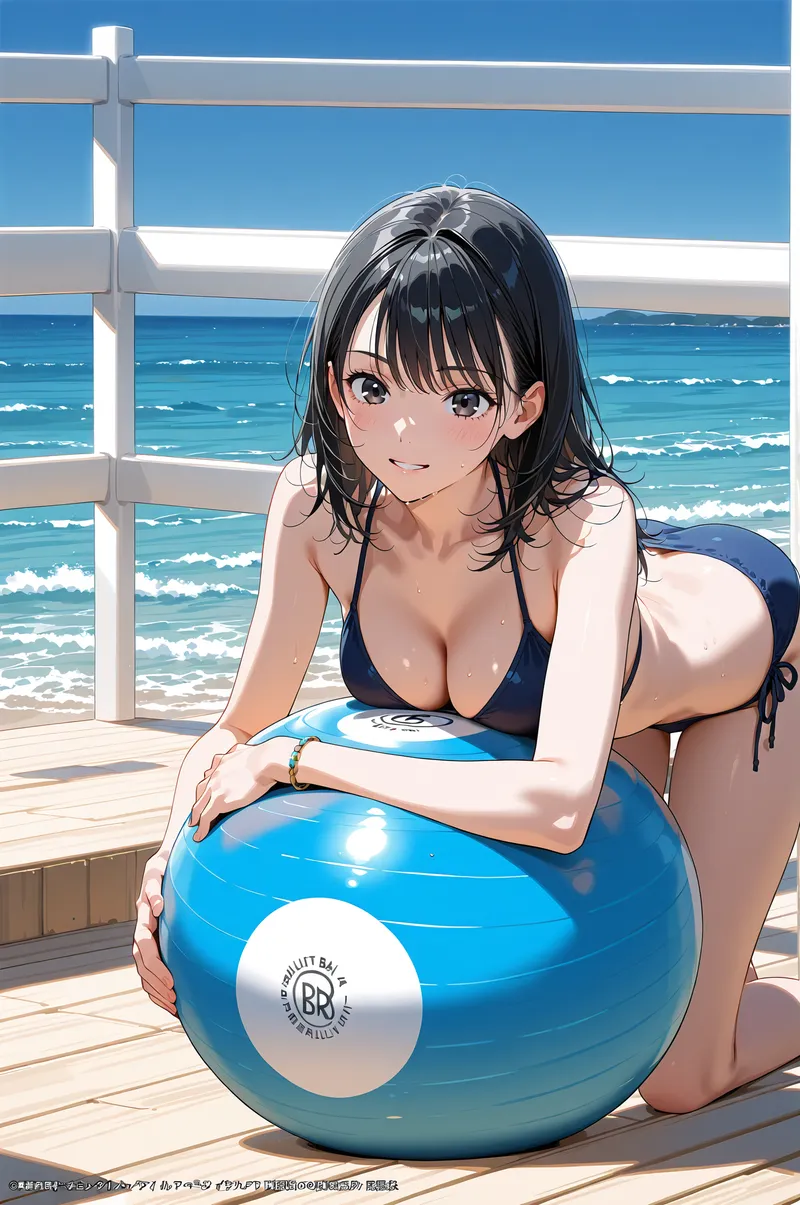 晴れた海辺のデッキで、黒髪をなびかせた少女が柔らかい笑顔を浮かべています。紺色の水着姿で、背景には青い波と白い柵が映るアニメ調の爽やかなイラストです。