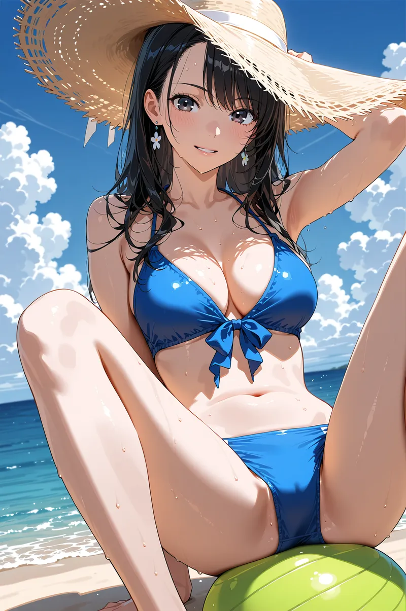 青く澄んだ海と空を背景に、黒髪にほおずきのような瞳をした少女が麦わら帽子を優雅に被りながら笑顔で微笑んでいます。爽やかな夏の日中、白い砂浜での清涼感あふれるひとときを捉えたイラストです。