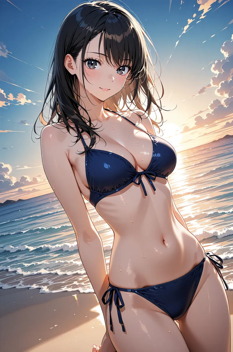 紺色のビキニを着た黒髪の美少女が、夕焼けに染まるビーチで穏やかな表情を浮かべています。逆光で輝く海と空のグラデーションが印象的なアニメ調イラストです。