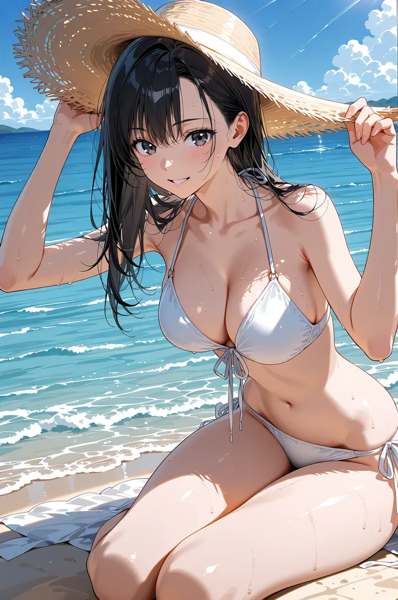 黒髪にかかる麦わら帽子が爽やかな、海辺のアニメ調イラスト。白いビキニ姿で砂浜に座り、透き通った青い海と白い雲が背景に広がる夏の風景です。