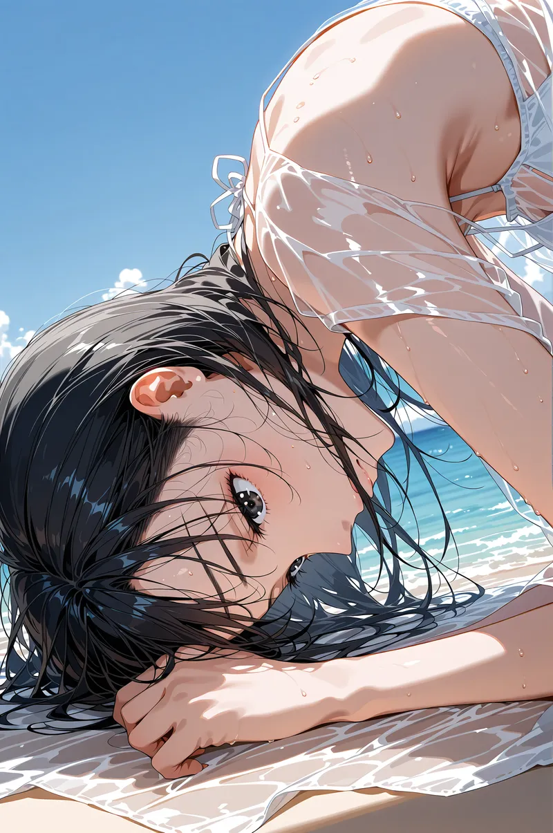 青い空と澄んだ海を背景に、浜辺でリラックスする黒髪の少女を描いたアニメ調イラスト。清涼感あふれる水しぶきと白いビーチウェアが夏の昼間の光を受けて輝いています。