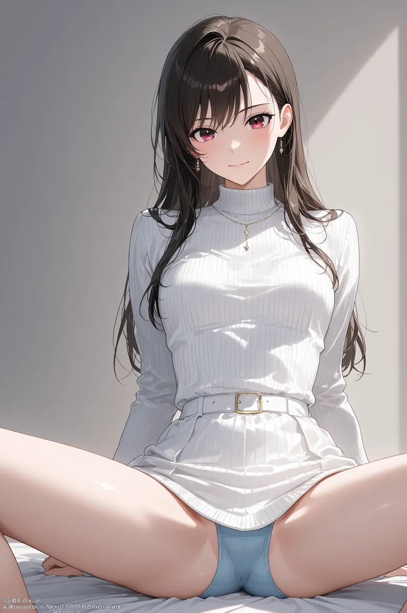 黒髪ロングと紅い瞳が印象的な美少女が、白いリブニット姿で清潔感あふれるポーズを決めています。ネックレスと白ベルトの装いで、ファッションモデルのような凛とした表情を演出した一枚です。