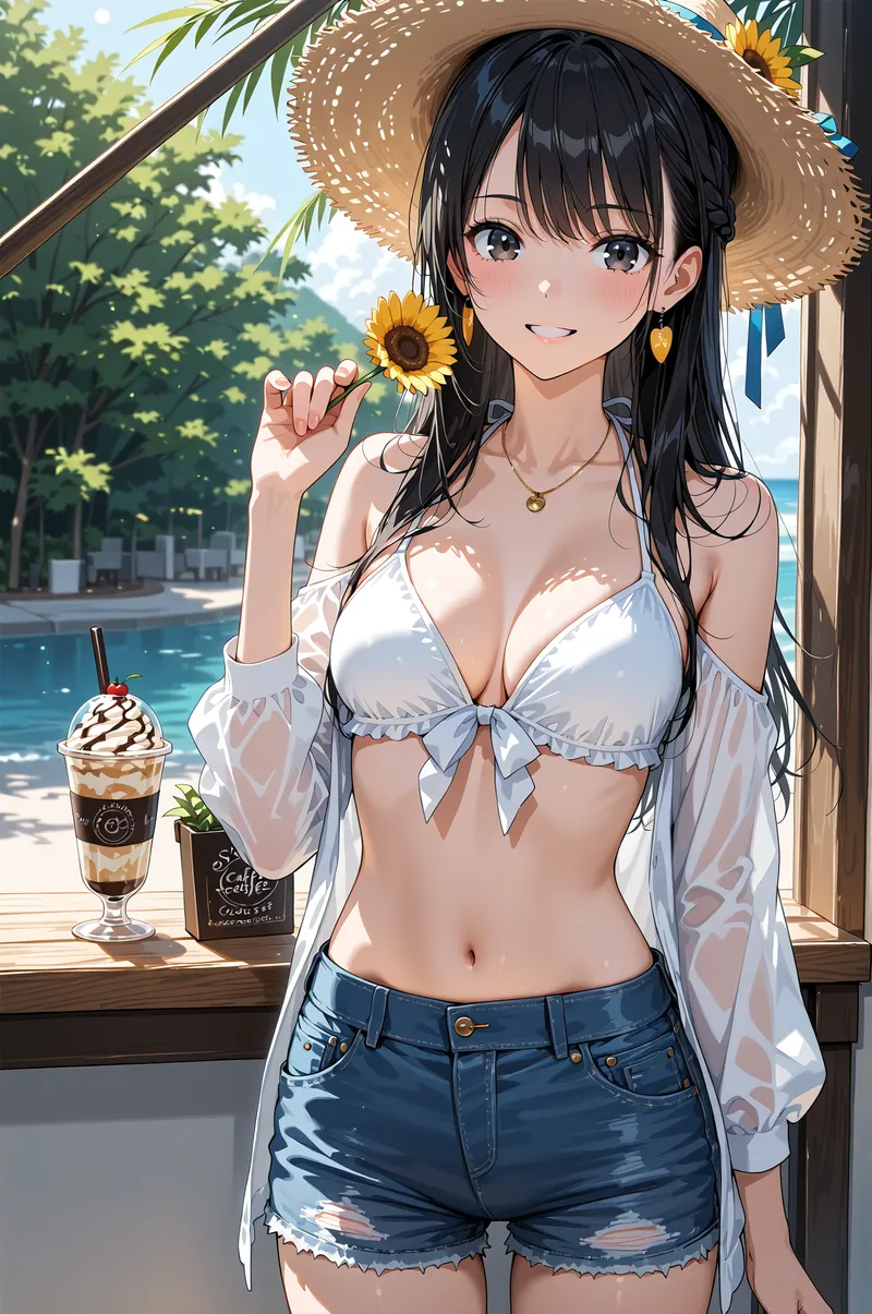 透き通る白いシャツに麦わら帽子を被った黒髪の美少女が、ひまわりを優しく手に持つ夏の情景。海辺のテラスでアイスコーヒーを前に、爽やかな笑顔を浮かべるアニメ調イラストです。
