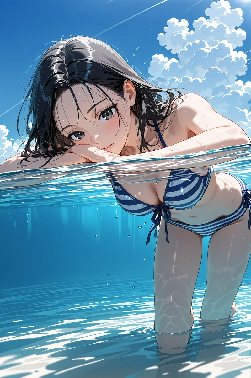澄んだ青空と白い雲が広がる夏の日、黒髪を風になびかせながら水に浮かぶ少女のアニメ調イラスト。紺のボーダー柄の水着姿で、爽やかな笑顔と濡れた肌が夏の開放感を表現しています。