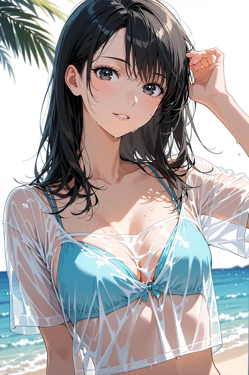 透き通るような白いシャツを羽織った黒髪の美少女が、爽やかな笑顔でポーズを取るビーチイラストです。青い海と椰子の木に囲まれた夏らしい情景が印象的な一枚。
