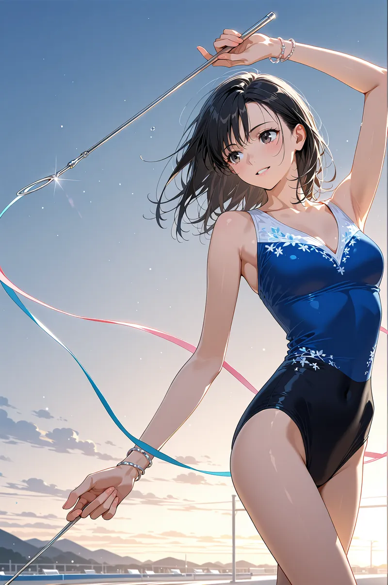 紺色のスター柄ワンピースに身を包んだ少女が、夕暮れの空の下で優美な笑顔を浮かべています。長い黒髪がそよ風に揺れ、手に持つ杖からはピンク色と青色のリボンが優雅に舞っています。