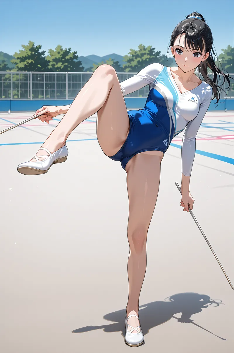 青空と緑の山々を背景に、テニスコートで静かに佇む少女を捉えたアニメ調イラスト。白と青のスポーティなウェアに白い靴を合わせた爽やかな装いが、晴れ渡った昼間の光の中で引き立ちます。