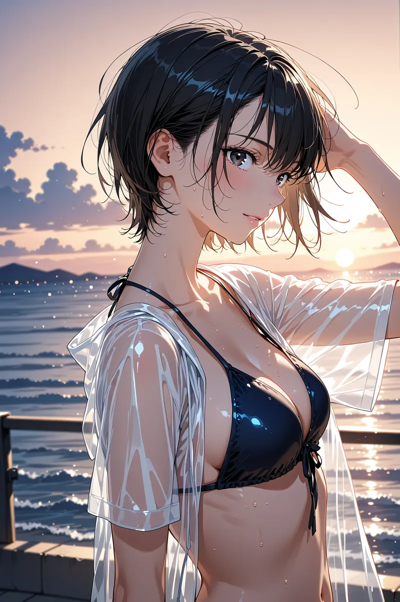 黒髪ショートヘアの清楚な美少女が、夕焼けに染まる海を背景に横向きで佇むアニメ調イラストです。透明感のある白いシャツを羽織り、穏やかな表情で遠くを見つめる姿が印象的です。