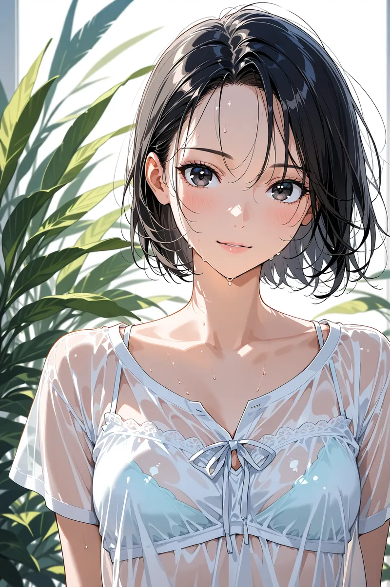黒髪のショートボブに爽やかな笑みを浮かべた美少女のアニメ調イラストです。白いシアー素材のトップスを着こなし、背後には生き生きとした観葉植物が配置された明るい雰囲気の1枚です。