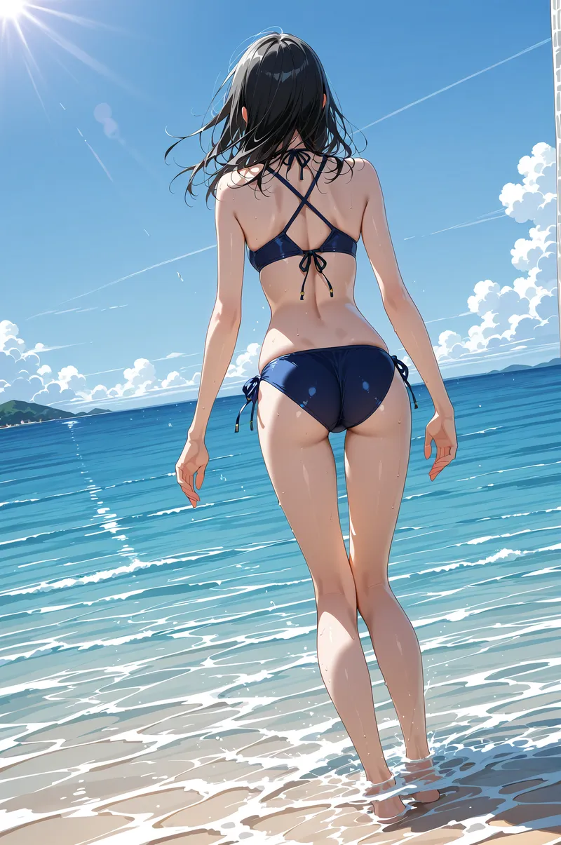 澄み渡った青空と輝く海を背景に、黒いビキニ姿で浜辺に立つアニメ調の美少女イラストです。柔らかな陽光が肌を照らし、さらさらとした長い黒髪が風になびく爽やかな夏の一瞬を切り取っています。