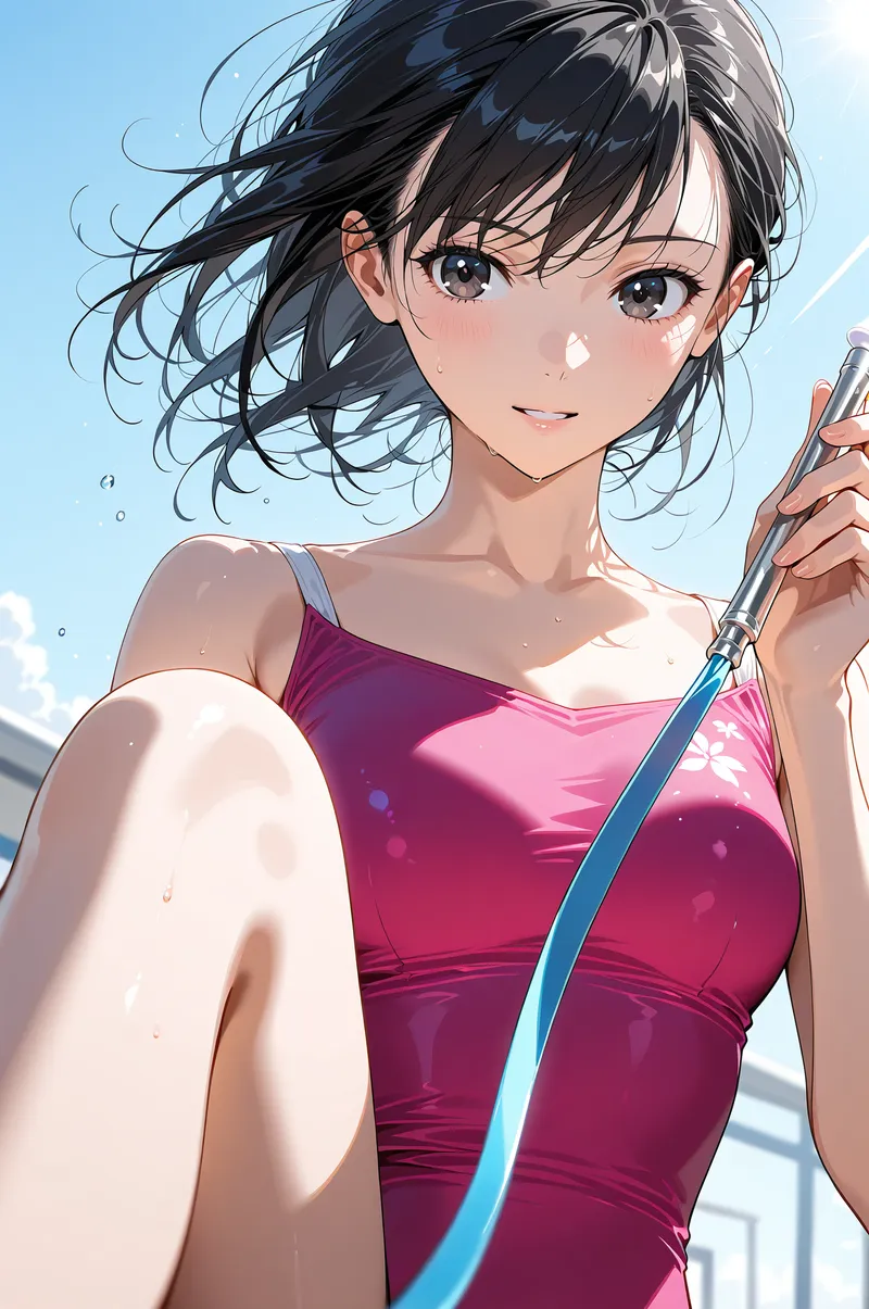 澄み渡る青空を背景に、黒いショートヘアをなびかせながら微笑む美少女。紫紅色のドレスを身にまとい、絵筆を手に持つアニメ調イラスト。柔らかな光と透明感のあるタッチで描かれた爽やかなポートレートです。