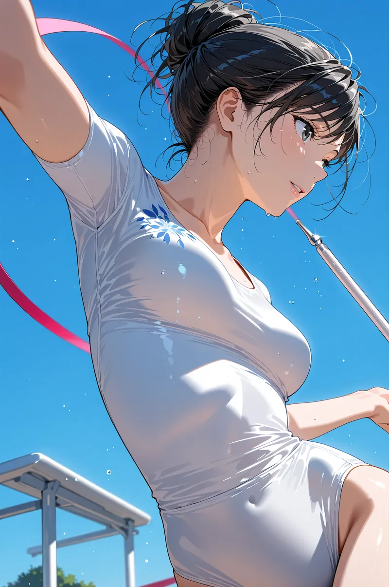清々しい青空を背景に、黒髪をまとめた美少女がリボンと共に躍動的なポーズを取るアニメ調イラストです。白いトップスに光が反射し、屋外の開放感溢れる表情が魅力的です。