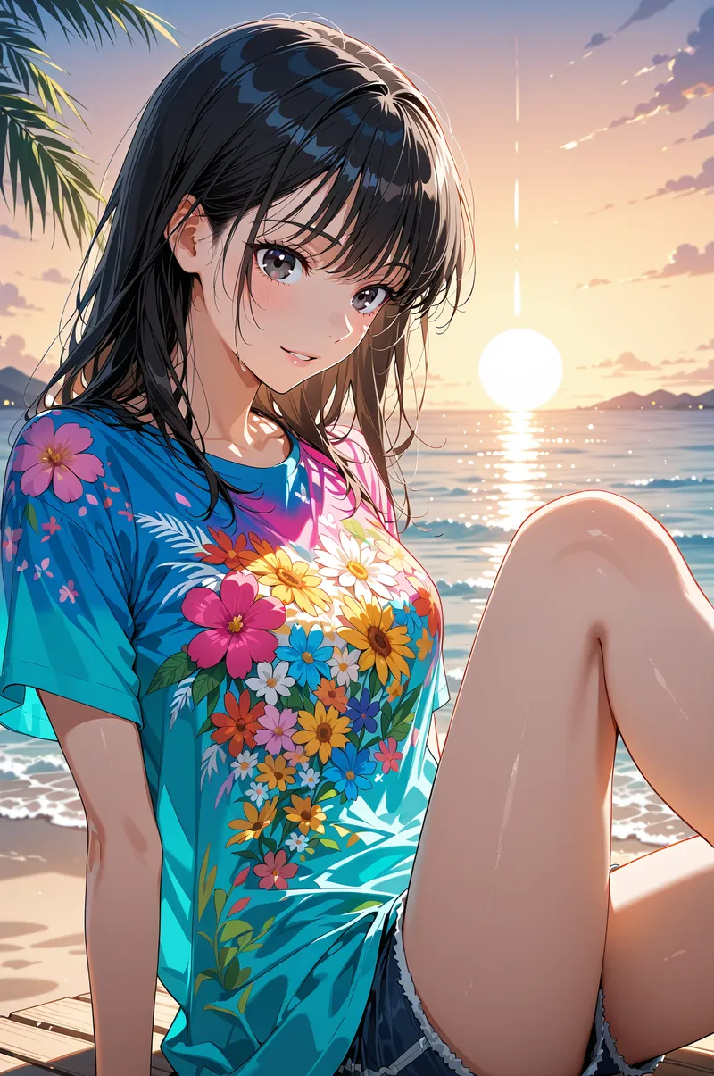 黒髪に前髪が印象的な美少女が、カラフルな花柄プリント入りのターコイズブルーのTシャツを着て、夕焼けに染まった海辺でほほえんでいます。光が水面に映り込む開放的な海景と、やさしい表情が調和した一枚です。