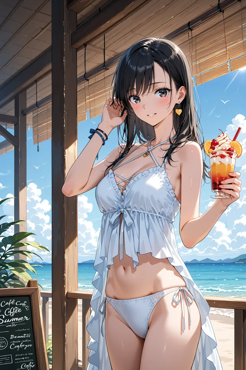 白い浮き輪のようなドレスを着た黒髪の美少女がビーチカフェでドリンクを持ち、窓から見える青い海と空を背景に優しく微笑んでいます。夏らしい爽やかな雰囲気のアニメ調イラストです。