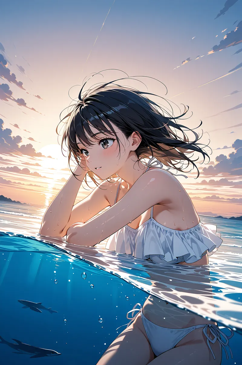 黒髪がなびく美少女が夕焼けの海に浮かぶシーン。光にあふれた空と深い青の海のコントラストが美しく、清潔感のある白い水着姿で振り返る表情が印象的なアニメ調イラストです。