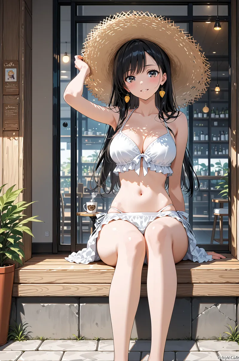 黒髪にゴールドピアスを合わせた美少女が、モダンなカフェのテラスで麦わら帽子を優雅に傾ける姿。白いフリルのファッションと背後の都会的な街並みが調和した、洗練されたアニメ調イラストです。