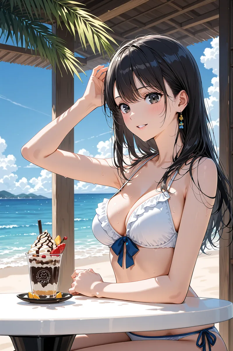 黒髪の美少女がビーチカフェのテラスで、爽やかな白のビキニ姿でアイスコーヒーを片手に微笑む。パームツリーと青い海を背景にした、アニメ調の上品な夏のポートレートです。