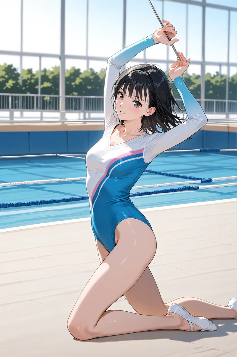青いスポーツウェアと白い長袖を着こなした美少女が、光の差し込むプールサイドで伸びやかなポーズを見せます。爽やかな表情と明るい背景が印象的なアニメ調イラストです。