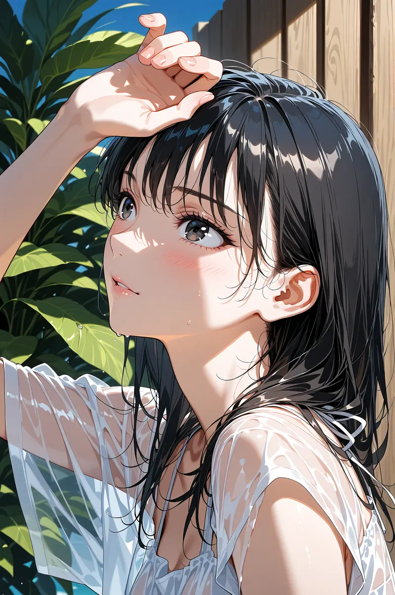 爽やかな笑顔で髪に手をかけるアニメ調の美少女イラスト。白いシャツと背後の緑の植物が南国の日差しに映える、明るく清潔感あふれるポートレートです。