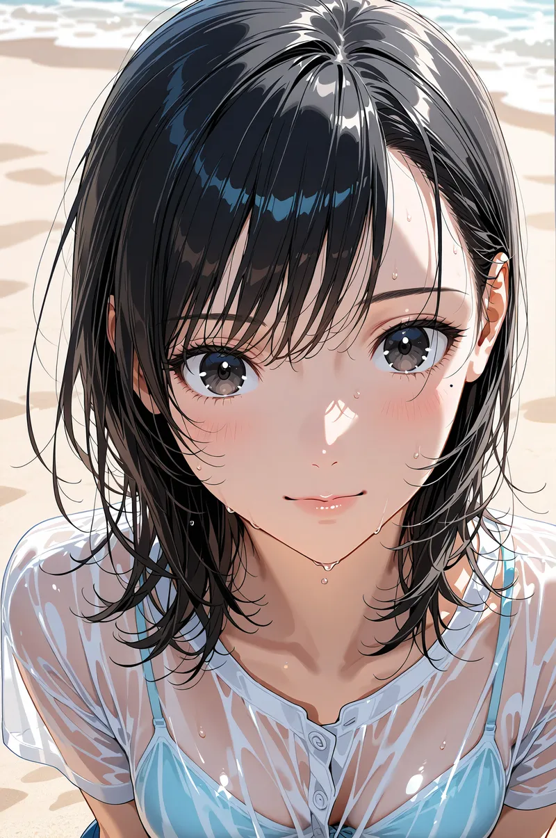青い瞳が印象的な黒髪ショートボブの美少女を、爽やかな海辺の背景で描いたアニメ調イラスト。淡いブルーのシャツを身に纏い、清潔感あふれる表情で微笑む姿が特徴です。