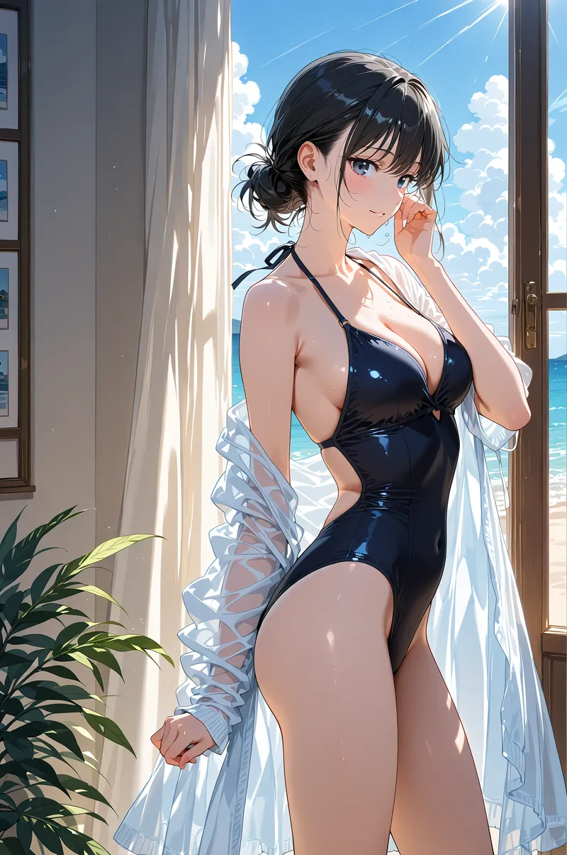 青い空と海を背景に、窓際で爽やかなポーズを取る女性のアニメ調イラストです。黒いスイムウェアに白いシャツを合わせたリゾート感あふれるファッションで、柔らかい自然光に包まれた表情が印象的です。