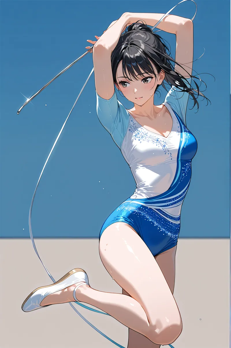 黒髪をまとめた清潔感あふれる表情で、白と青のスポーツウェアに身を包んだ美少女が清々しく微笑むアニメ調イラスト。爽やかな青を背景とした光の効果が全体を引き立てます。