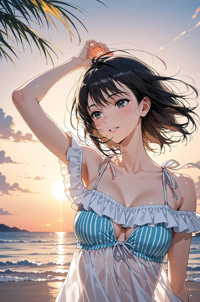 黒くサラサラとした髪をなびかせ、夕日に照らされた海辺に立つ美少女のポートレート。白と青のストライプ柄ワンピースを着用し、柔らかい笑顔で髪を優雅に押さえる仕草が特徴です。金色に染まった夕焼け空と輝く海の情景が、清涼感あふれる夏の一瞬を表現し…
