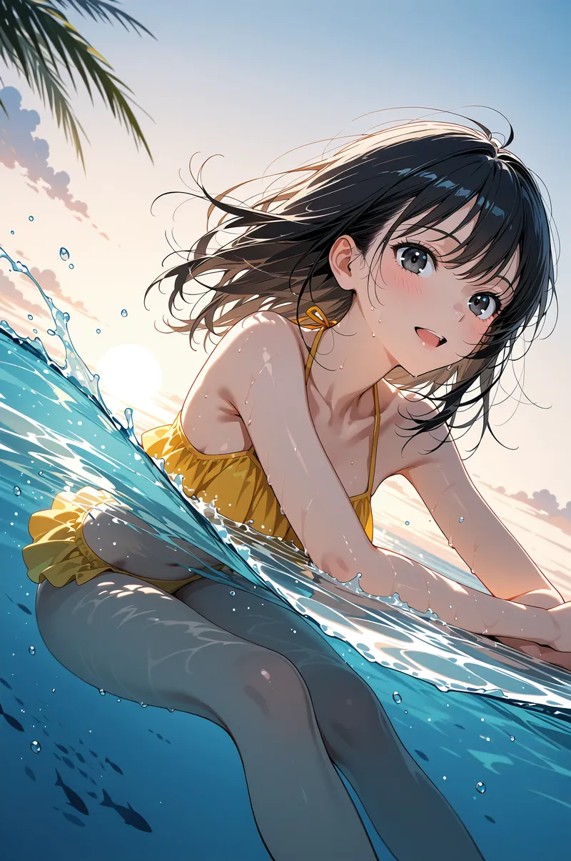 碧い海に包まれながら、黒髪を風になびかせ楽しげな表情で泳ぐアニメ調の少女。黄色い水着姿で、水しぶきと光が躍動的に描写された爽やかな夏の風景です。