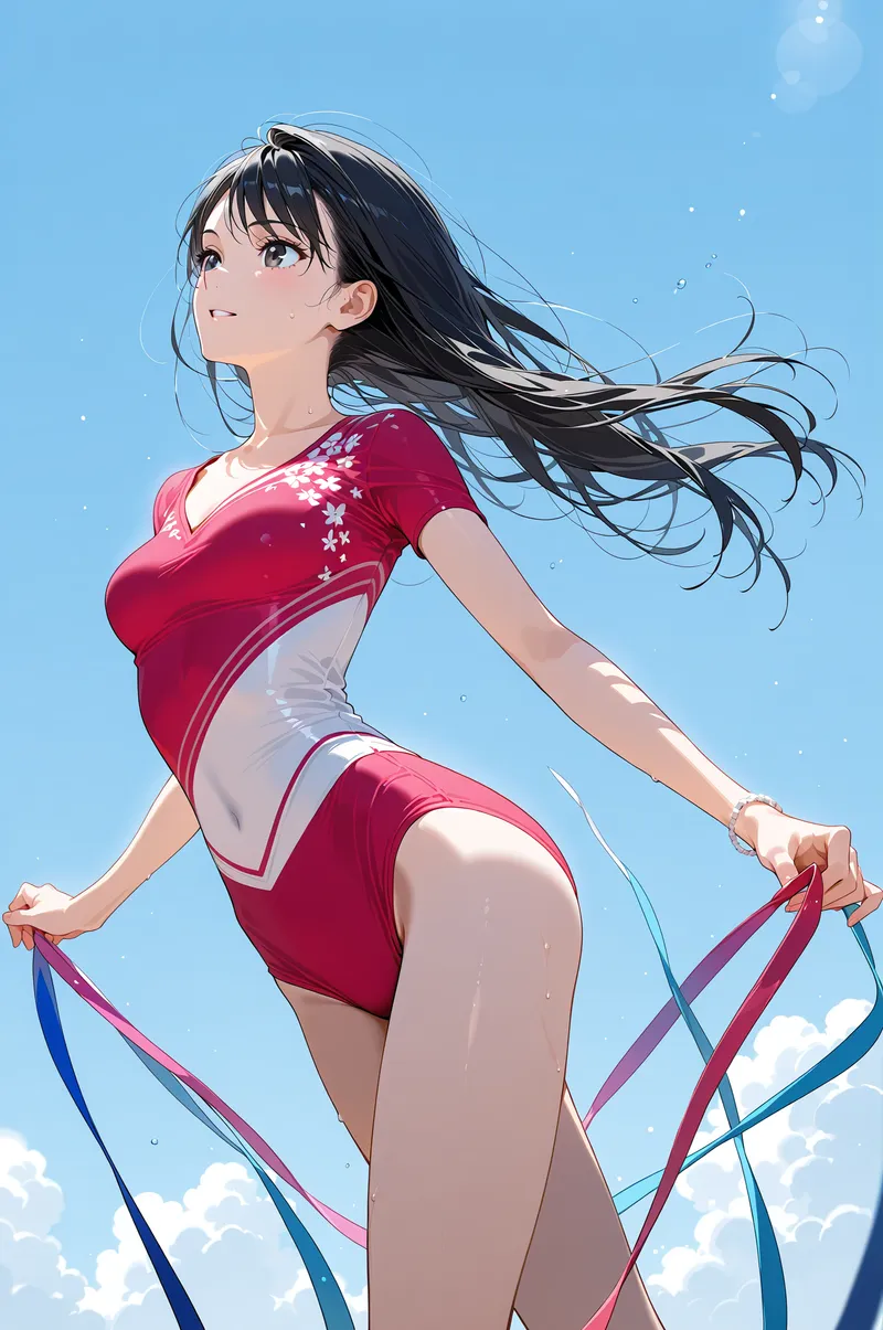 爽やかな青空を背景に、赤と白の衣装に身を包んだ黒髪の少女がはためくリボンと共に上を見つめています。柔らかな日差しと白い雲が、清涼感あふれるアニメ調イラストです。