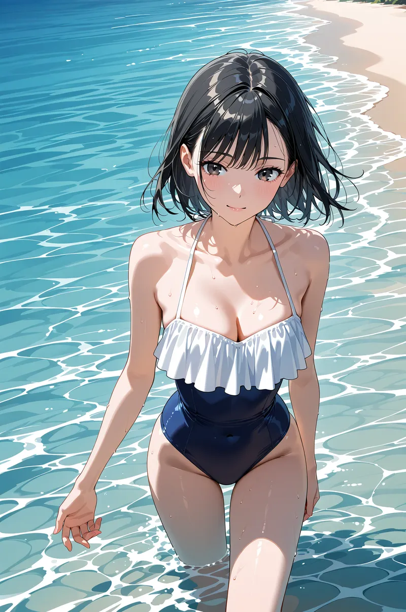 透明感のある青い海を背景に、白と紺のフリル付き水着姿で佇む少女。黒髪のショートヘアと清潔な笑顔が印象的で、夏の爽やかな光に照らされた穏やかな表情を捉えたアニメ調ポートレートです。
