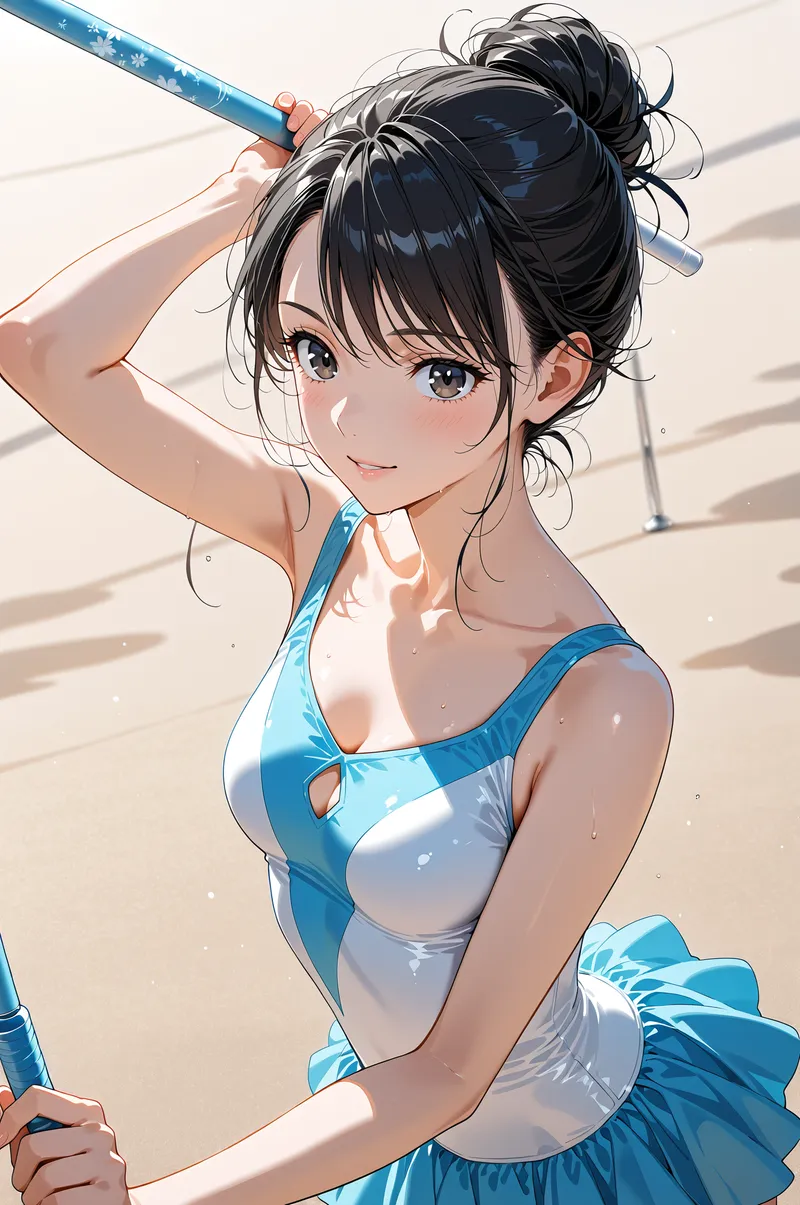 黒髪をアップスタイルにまとめた美少女が、青白いスポーツウェアを身につけ爽やかな笑顔を見せるアニメ調イラストです。窓からの光と影が優しく顔を照らし、清涼感あふれる夏の雰囲気が表現されています。