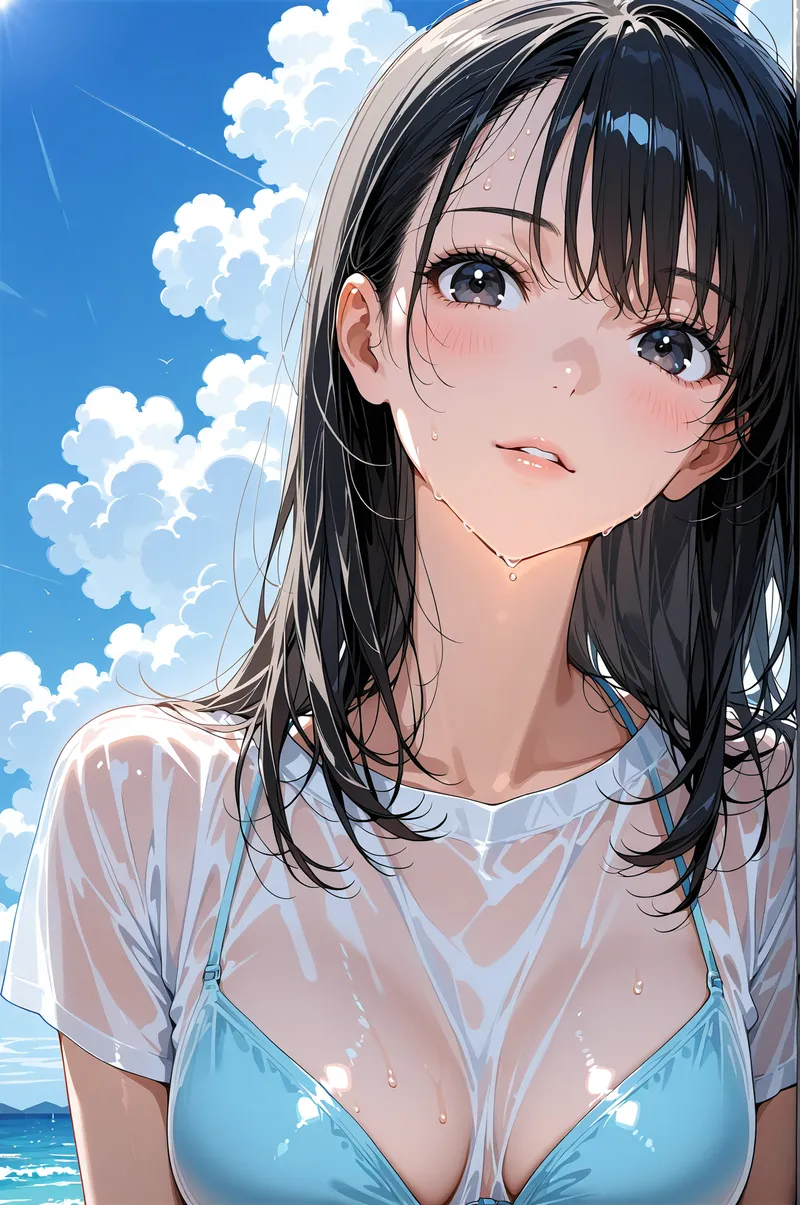 黒髪のセミロング、清楚な表情とまなざしが印象的なアニメ調イラストです。爽やかな青空と白い雲を背景に、夏らしい装いで光に包まれた優しい雰囲気が魅力的です。