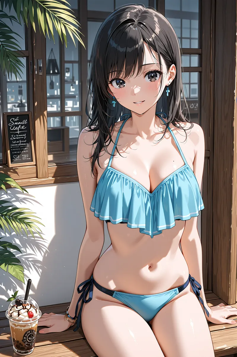 明るい日差しが注ぐカフェの空間で、黒髪にターコイズブルーのアクセントを合わせた少女がポートレート撮影されています。窓越しに高層建築が見える都会的な背景と、観葉植物の緑が爽やかな雰囲気を演出するAI生成アニメ調イラストです。
