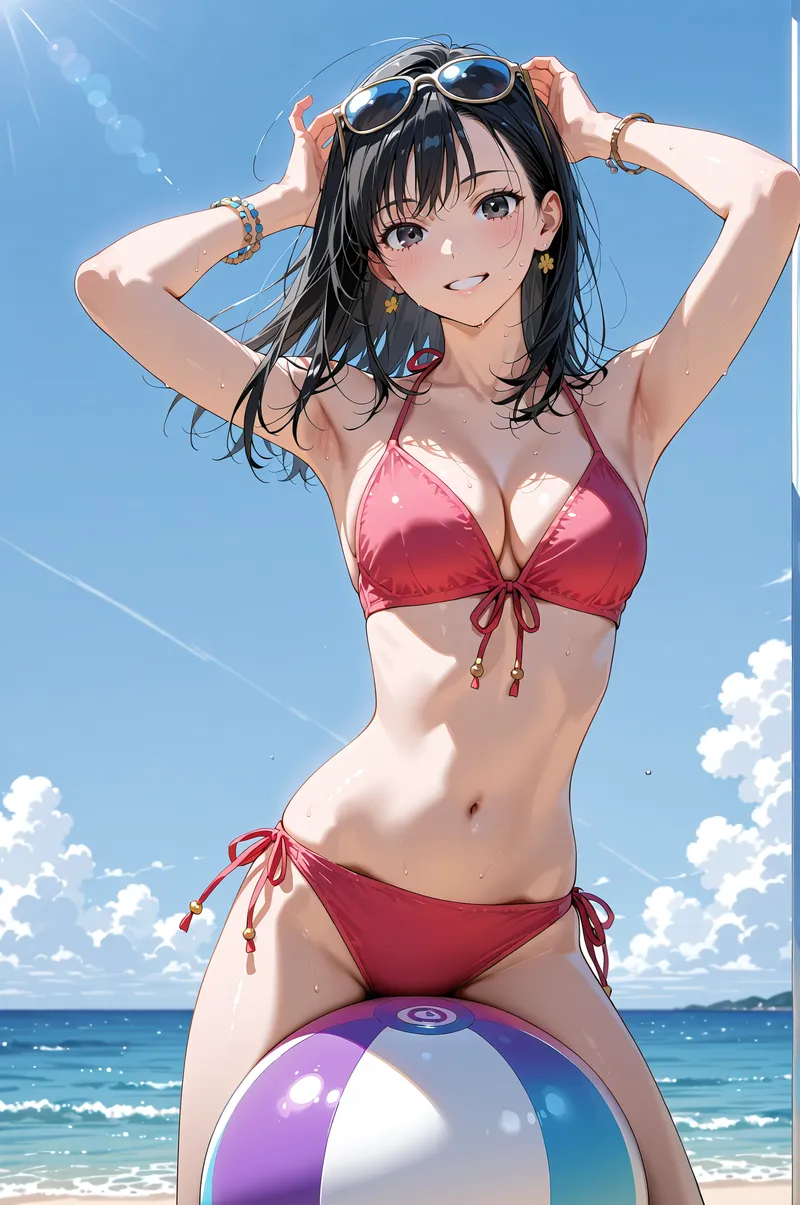 澄み渡る青空とキラキラした海を背景に、赤いビキニ姿でサングラスを頭に上げた女性が爽やかに微笑むビーチシーン。夏らしい開放的な雰囲気が満載のグラビアイラストです。