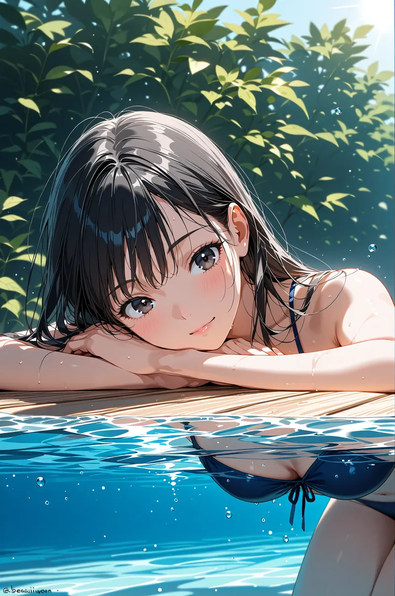 緑あふれる背景の中、水中で涼しげな表情を浮かべる黒髪の少女。清涼感あふれる夏の一瞬を捉えたアニメ調ポートレートです。