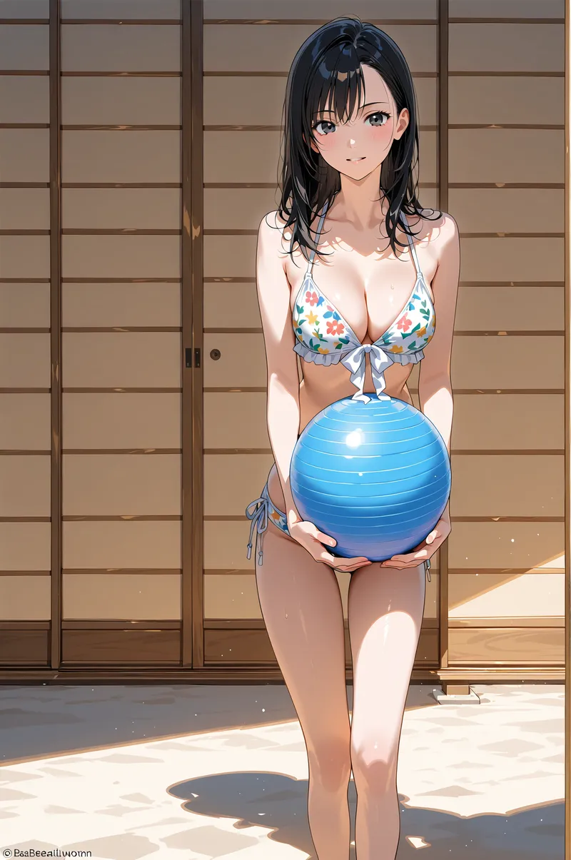 花柄ビキニと水色のボール、褐色の窓枠を背景に立つ黒髪の少女。日差しの中で爽やかな表情を浮かべるアニメ調イラストです。