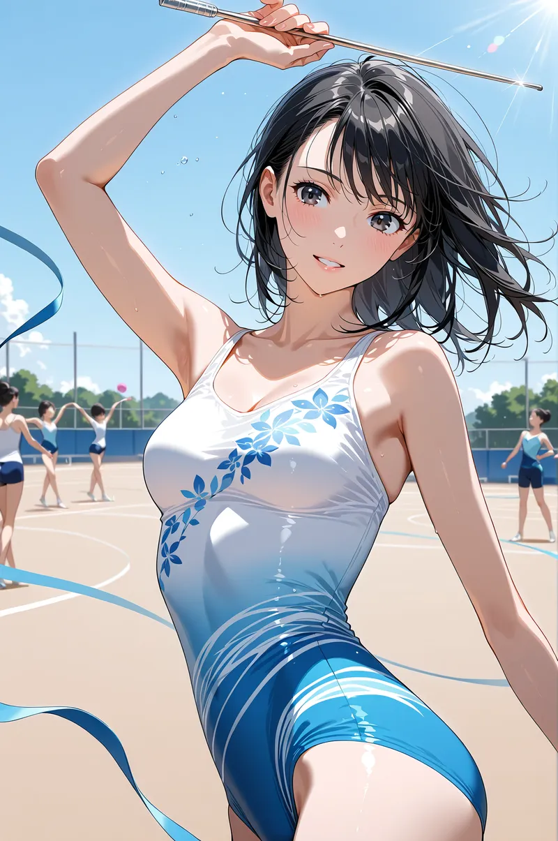 爽やかな青空の下、バドミントンコートで楽しそうに微笑む黒髪の美少女を描いたアニメ調イラスト。白と青のグラデーション模様の清潔感あるウェアに身を包み、ラケットを握る姿が活動的で初夏の風情を感じさせます。