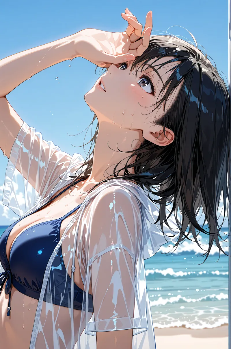 真夏の海辺で、眩しい日差しに手をかざしながら上を見つめる少女のアニメ調イラスト。黒髪が風になびき、透き通った白いシャツからは清涼感が漂う。澄んだ青空と波打つ海を背景にした爽やかな1枚です。