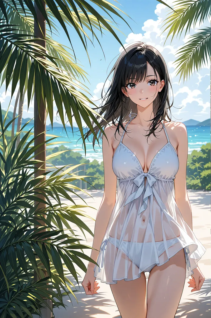 青い海とヤシの木に囲まれた南国のビーチで、淡紫色のドレスを身にまとった美少女が穏やかな表情で佇んでいます。柔らかな陽光と白い雲が印象的な、夏らしい爽やかなシーンです。