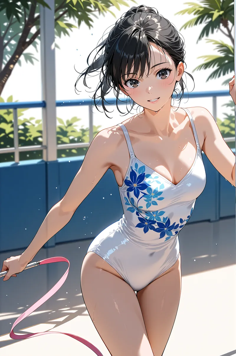 青い花柄の水着を身に纏った美少女が、南国風のテラスで爽やかな笑顔を見せるアニメ調イラストです。黒髪をまとめたアップスタイルと、緑豊かな背景が夏の優雅な雰囲気を演出しています。