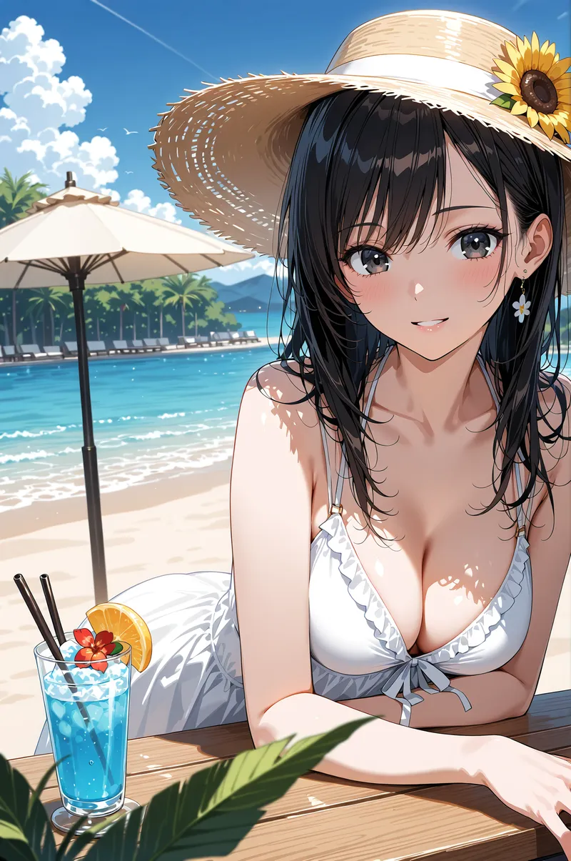 紺色の長髪に麦わら帽子を被った少女が、真っ青な海を背景にしたビーチで優しく笑みを浮かべています。白いリボンの帽子にはひまわりがあしらわれ、涼しげなカクテルと南国の爽やかな雰囲気が夏の日差しを受けて輝く情景です。